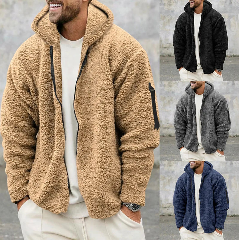 Autumn Winter Men's Jacket Double-sided Fleece Warm Loose Hooded Windbreaker Casual Coat Zipper Hooded Jacket Chaquetas Hombre - reetell