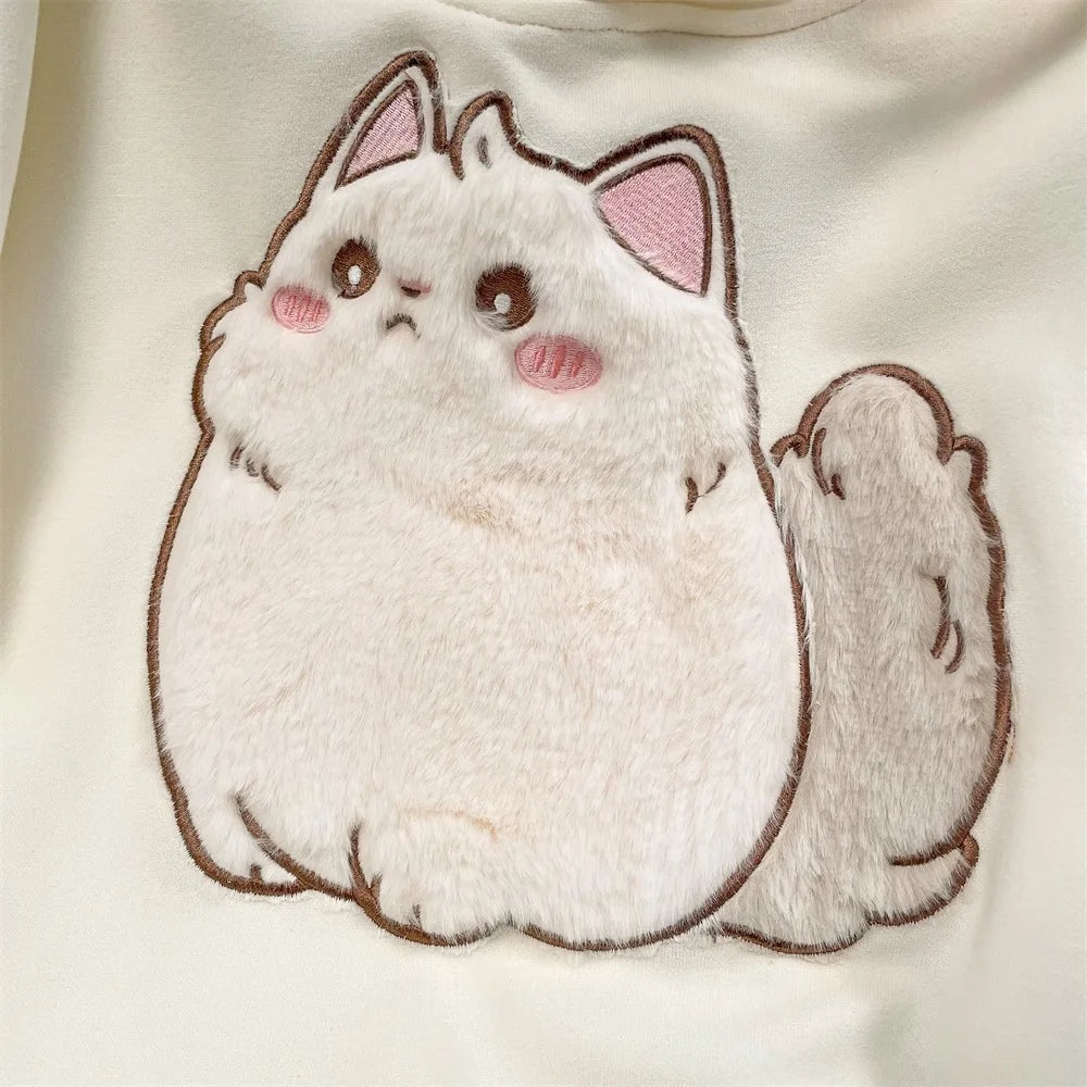 2023 Spring Autumn Female Couples Clothes Cartoon Embroidery Lovely 3D Cat Print Pullover Hoodies Women Sweatshirt Hooded Coat - reetell