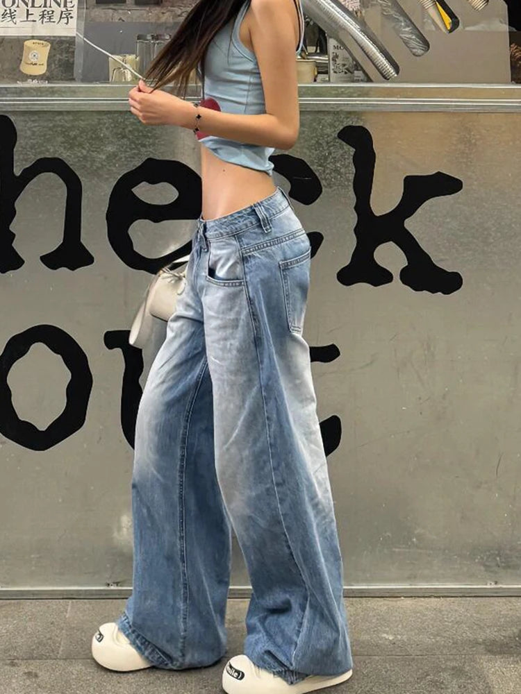 Women American Vintage Y2k Japanese Harajuku Streetwear Baggy Low Rise Denim Pants Long Trousers 2000s Aesthetic Jean Kpop Punk - reetell