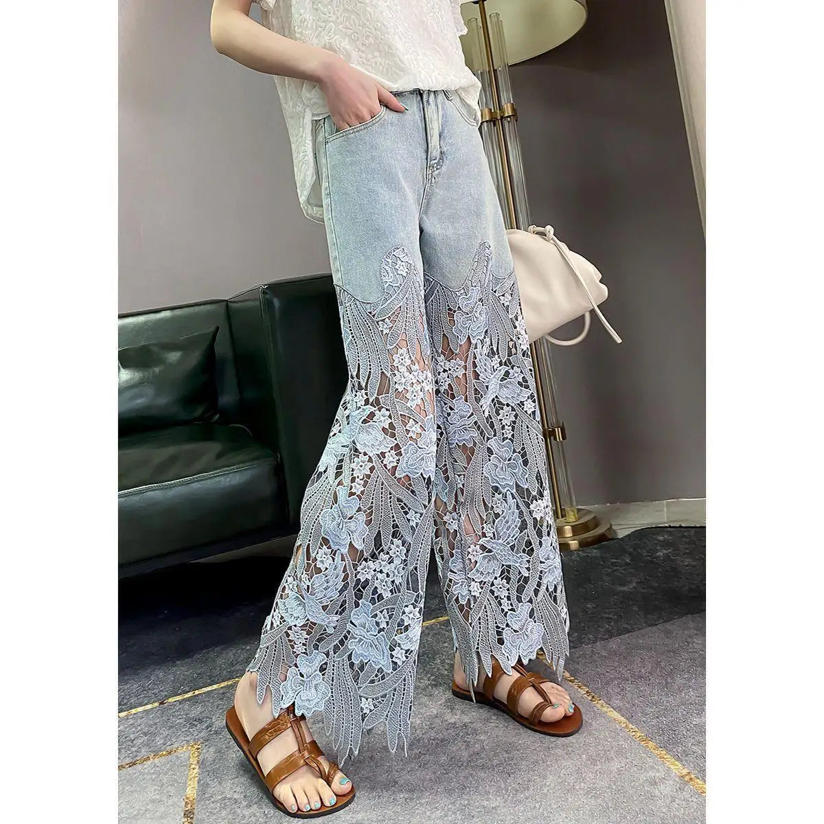 【Choose According To Size Chart】Hollow Out Lace Panel Wide Leg High Waist Blue Jeans Women's Summer Straight Leg Pants - reetell