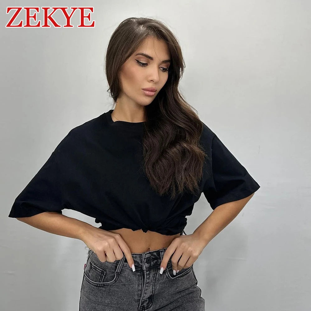 Zekye Rhinestone Letter Casual Tee Shirt Oversize Bodyfriend Style Korean O Neck Summer T Shirt Women Streetwear Harajuku Tops - reetell