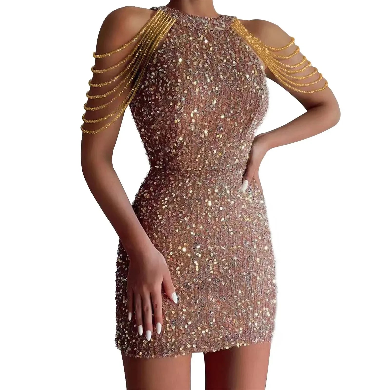 Spring Party Club Evening Short Dress Women Sexy Bodycon Tassel Mini Dress Hollow Out Off Shoulder Sleeveless Sequined Dresses - reetell