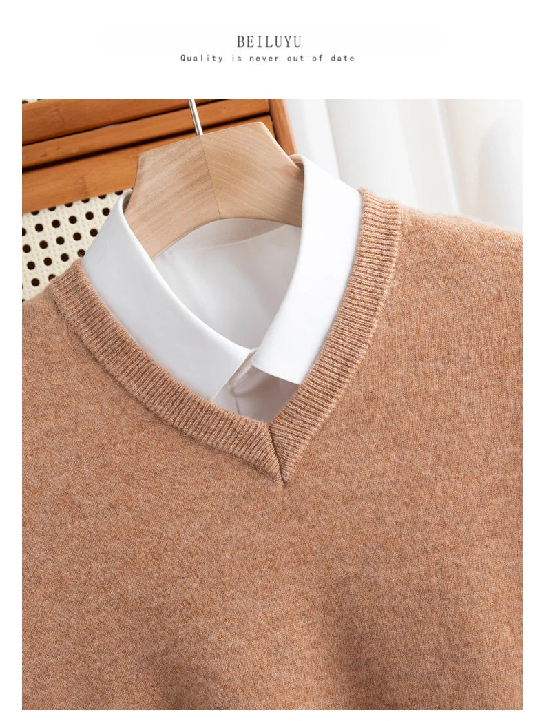 Men 100% Merino Wool Sweater V-Neck Pullover Autumn Winter Cashmere Warm Solid Knitwear Clothes Business Bottoming Soft Tops - reetell