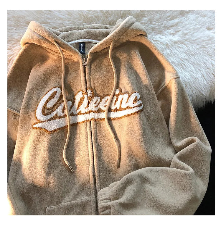 Hiphop Letter Embroidery Sweatshirt Women Autumn Harajuku Zip Up Casual Loose Hoodie Retro Long Sleeve Hooded Jacket Y2K Clothes - reetell