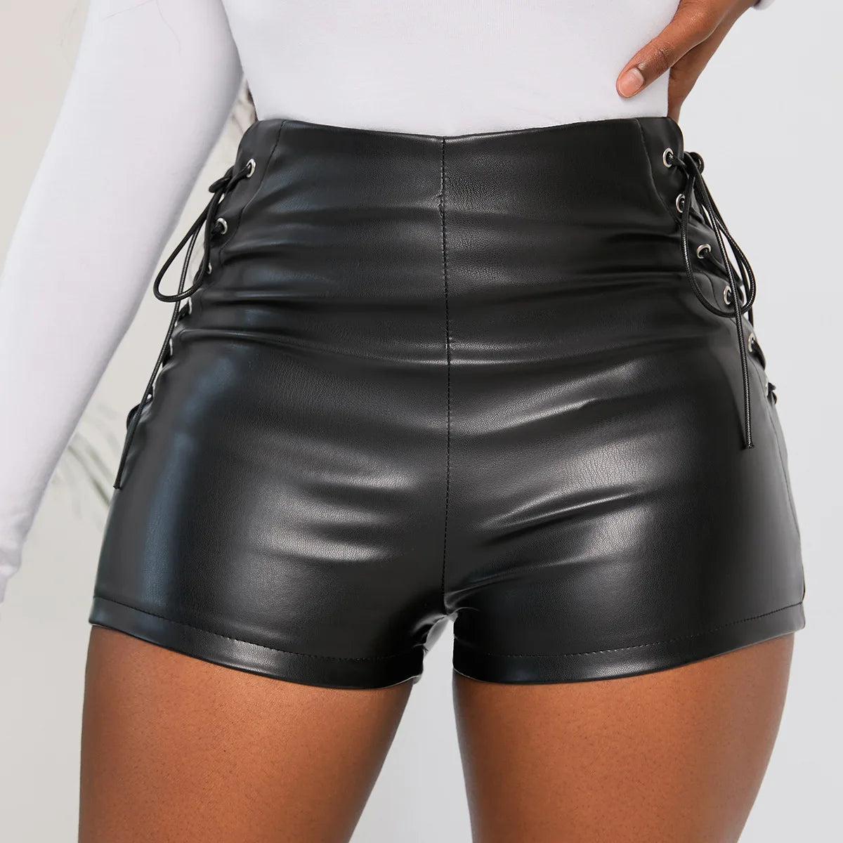 Sexy Black PU Fashion Casual Summer Shorts Women Faux Leather Lace Up Goth Club High Waist Shorts Y2K  Slim Short Pants Ecoparty - reetell