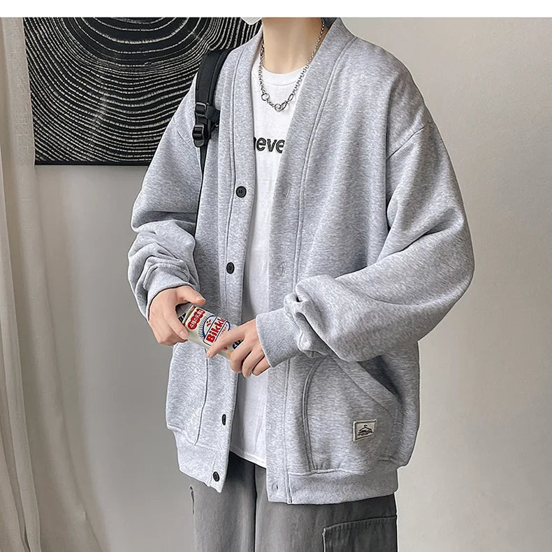 2023 Korean Sweatshirts Men Fashion Solid Color Style Hoodies Autumn Brand Casual Loose Coat Street Thick Warm Male Cardigans - reetell