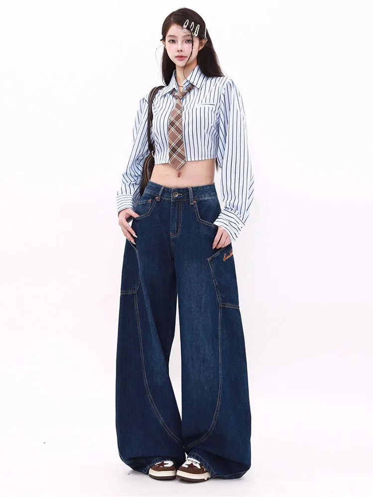 WCFCX STUDIO Women's Wide Leg Jeans American Vintage Street Style High Waisted Casual Trousers Design Sense Niche Baggy Pants - reetell