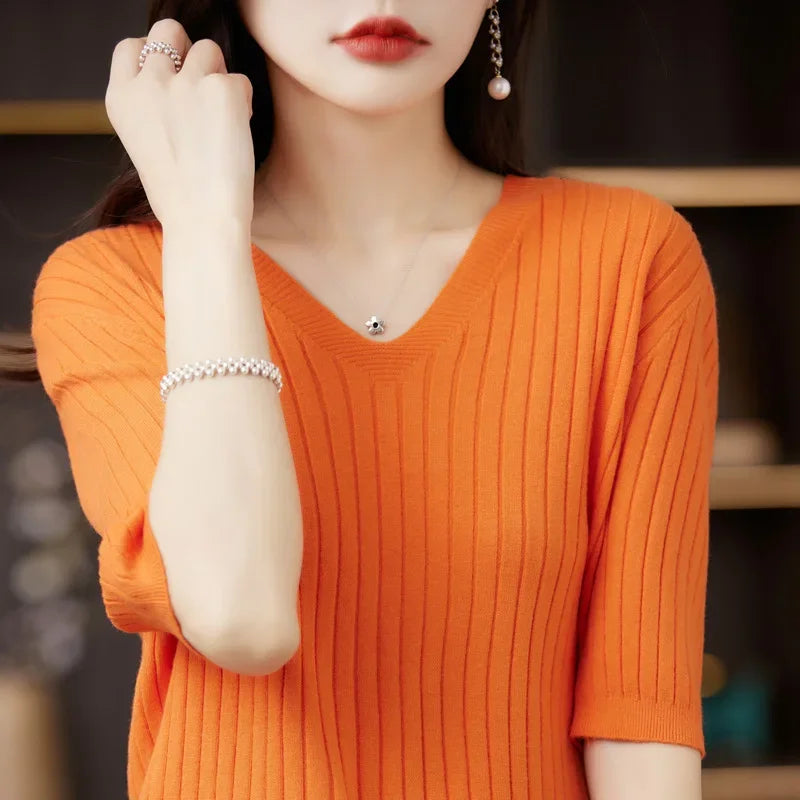 Women Sweater Short Sleeve V-neck Stripe Knitwears Slim Fit Shirt Korean Fashion Pullovers Thin Knit Tops 2024 Bottoming Shirts - reetell