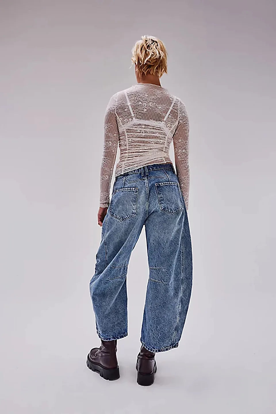 Midiross High Stretch Mid-Rise Barrel Jeans Fashion wide Leg Shape Women Casual Baggy Mid Waist Denim Jeans - reetell