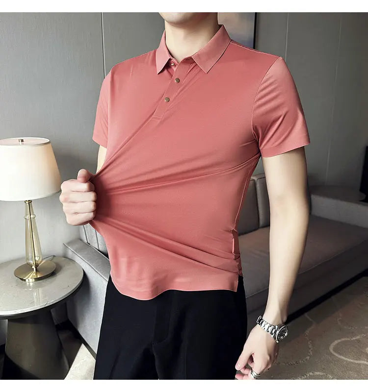 Ice Silk Traceless T-shirt Men's  Business Casual Solid Color Half Sleeve High Elasticity Top Silk Smooth Breathable POLO Shirt