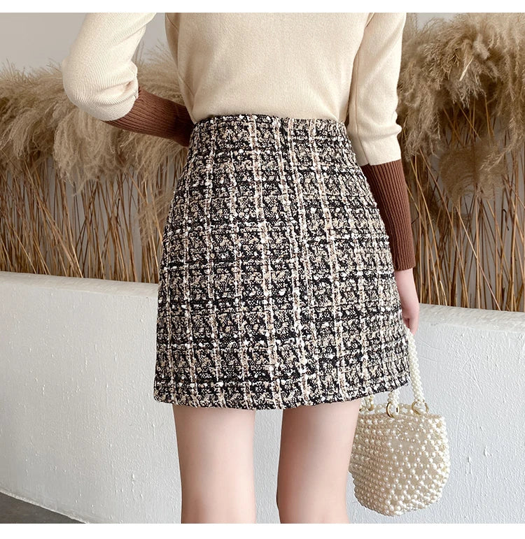 Fall Winter Plaid Tweed Skirt Womens Thick Woolen Pearl Button Front Pocket Glitter Mini Skirt Saia Feminina - reetell