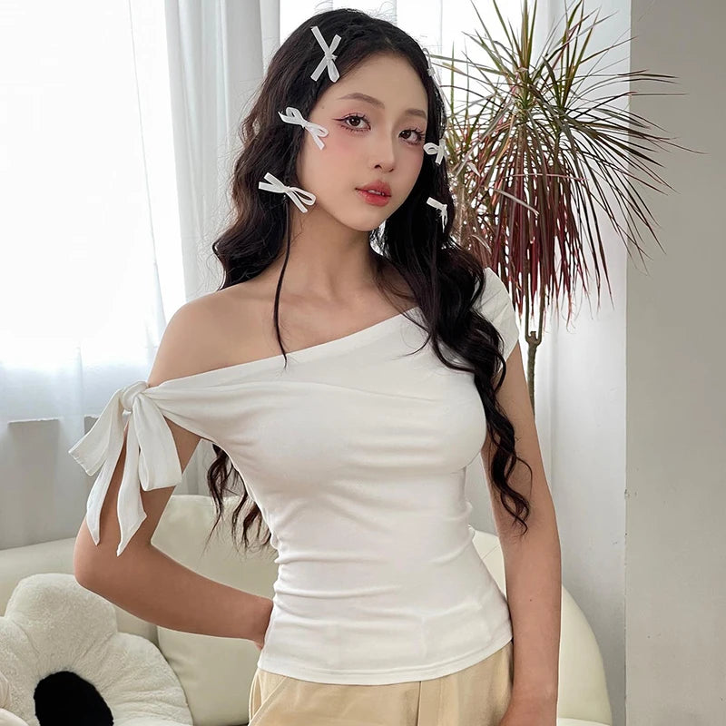 CUTENOVA 2024 Women'S Summer Ins Style New Shrink Pleated One-Shoulder Crop Top Backless Twist Tie Asymmetric T-Shirt Casual Top - reetell