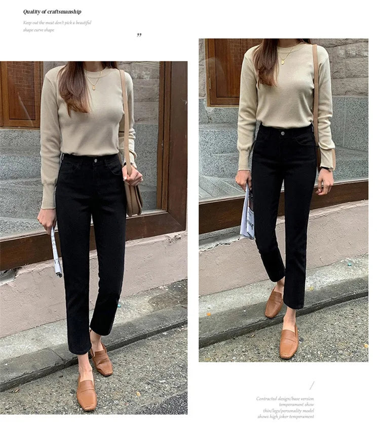 Black Straight Jeans Women's High Waist Straight Leg 2024 Autumn Style Elastic Raw Edge Cigarette Pipe Denim Pants Boyfriend - reetell