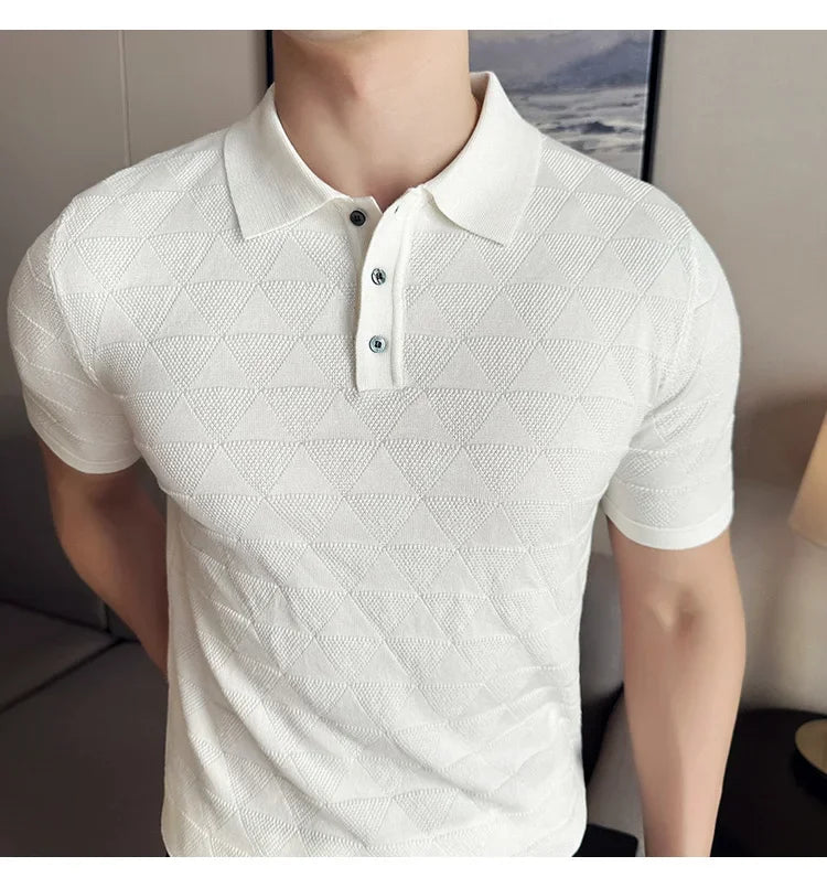 High-quality Men's Jacquard Polo Shirt, Business Casual Men's Solid Color Short-sleeved Top,  Geometric Pattern Men's T-shirt.