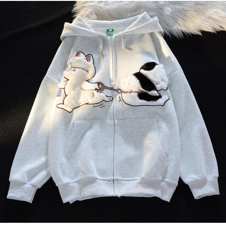 Korean New Design Embroidery Cartoon Hooded Coat Autumn Winter Cat Print Zip Up Women Man Hoodies Streetwear Couples Clothes Top - reetell