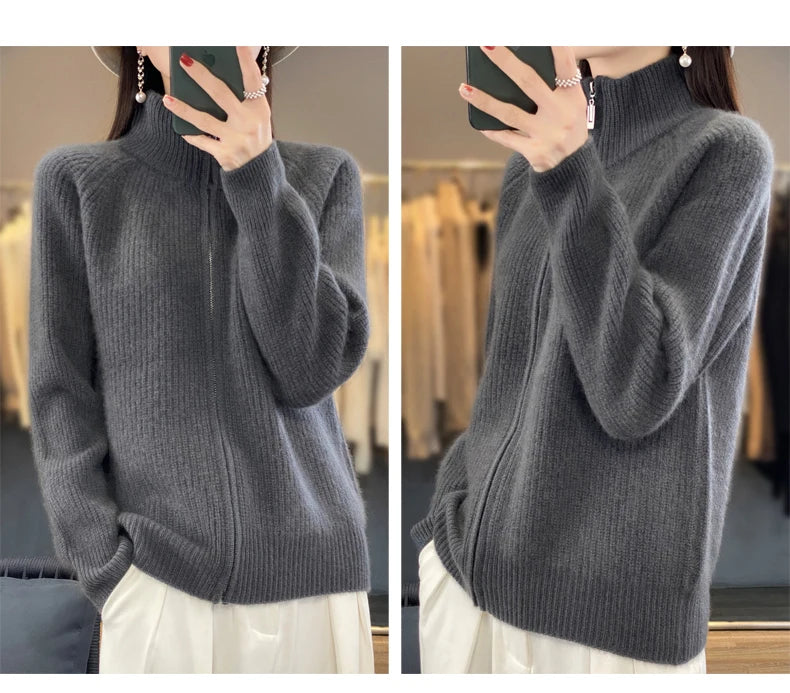 100% Pure Wool Zipper Cardigan Padded Shoulder Stand Collar Women's Cashmere Knitted Coat New Lapel Sweater - reetell