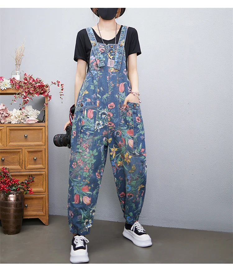 Fashion Streetwear Print Floral Denim Jumpsuit Women Casual Loose Wide Leg Pants Rompers Big Size Pockets Straps Jeans Overalls