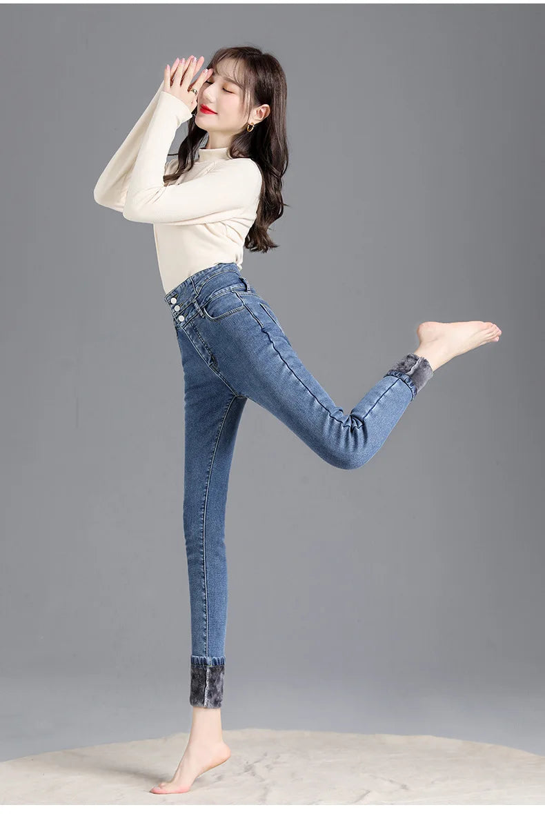 Thermal Winter Thick Fleece High-waist Warm Skinny Jeans Thick Women Stretch Button Pencil Pants Mom Casual Velvet Jeans - reetell