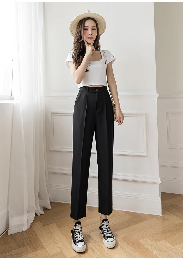 Chic High Waist Pants Women 2024 Spring Summer Casual Loose Solid Straight Trouser Office Ladies Work Nine Points Suit Pant New - reetell