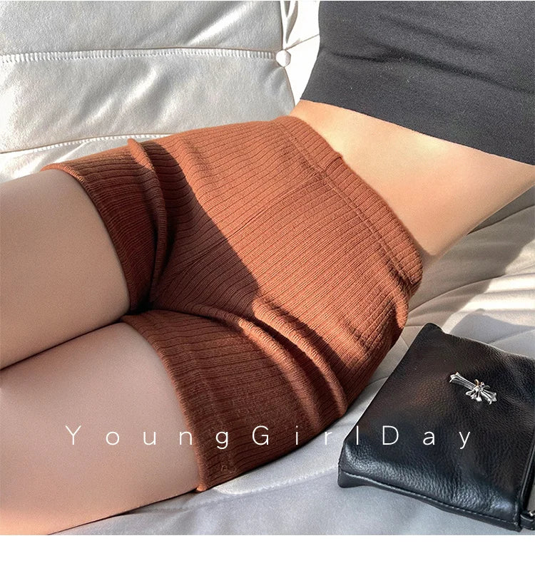 WOMONGAGA French New High Waist Tight Thin Knit Casual Sports Shorts Solid Color Stretch Fashion Women's Clothing 5TNS - reetell