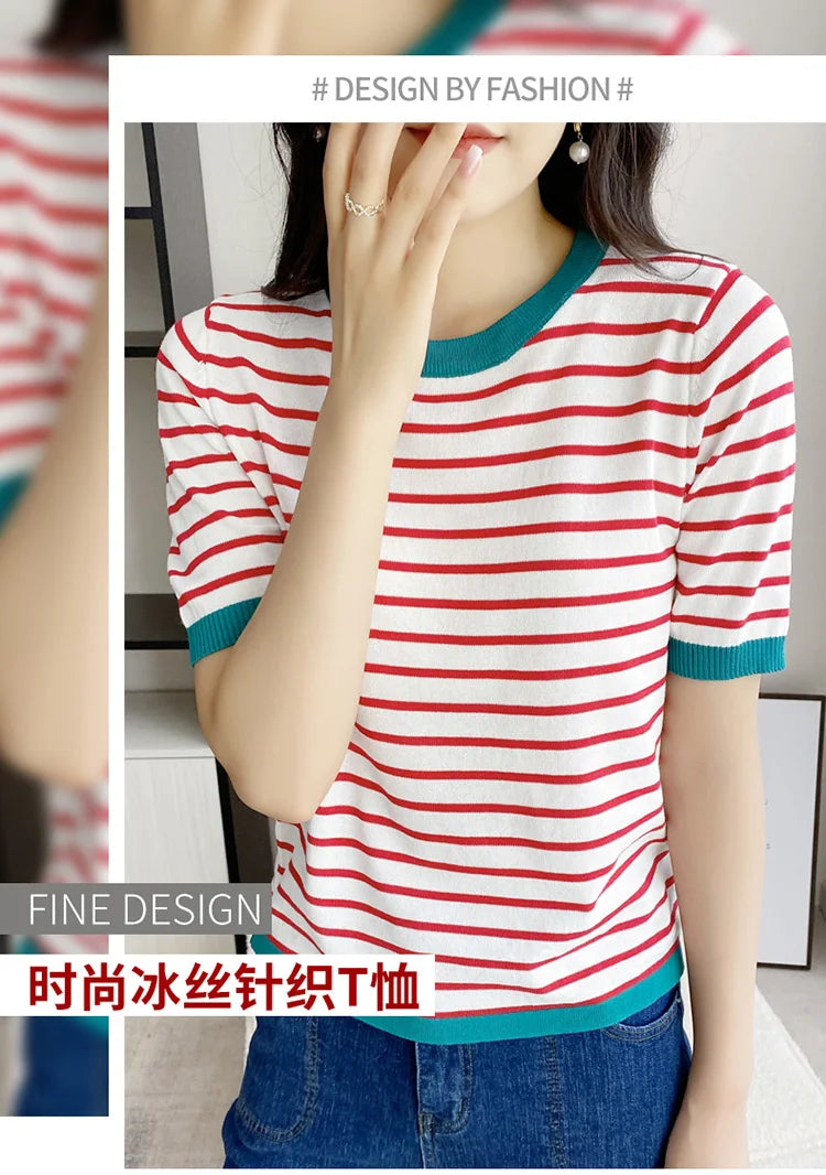 Short Sleeve T-shirts Women Striped Basic Chic Simple All-match Harajuku Retro Cotton O-neck Trendy Loose Leisure Cozy Womens - reetell