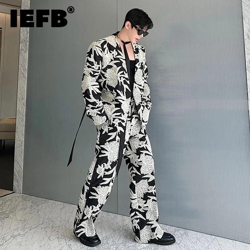 IEFB Niche Design Men's Two-piece Collarless Embroidery Blazer Loose Straight Suit Pants Contrast Color Male Sets New 9C7485 - reetell