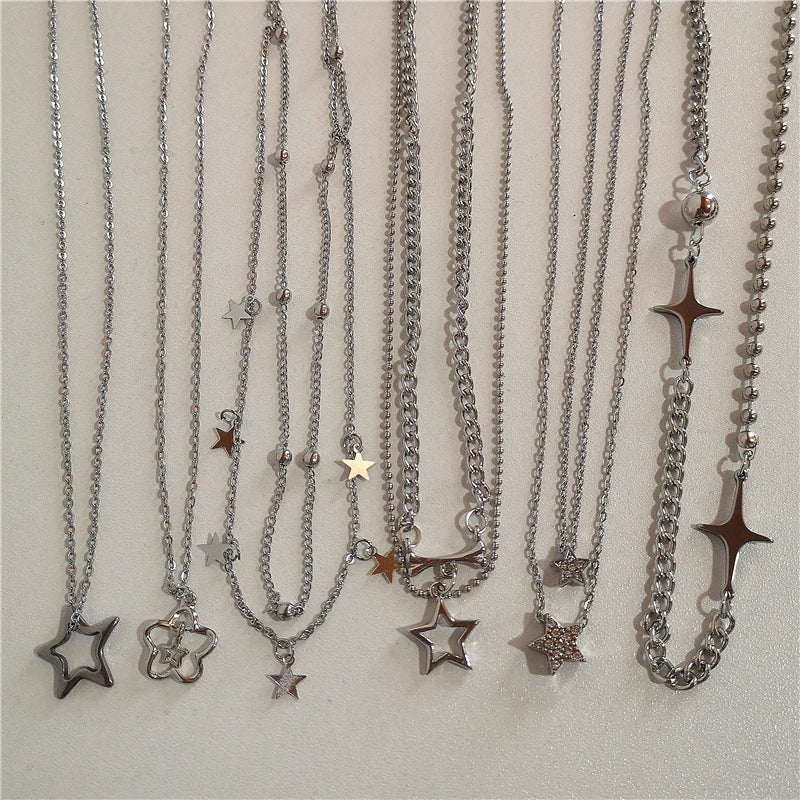 Kpop Fashion Goth Vintage Aesthetic Star Pendant Silver Color Chain Necklaces For Women Jewelry Grunge Y2k Harajuku Accessories