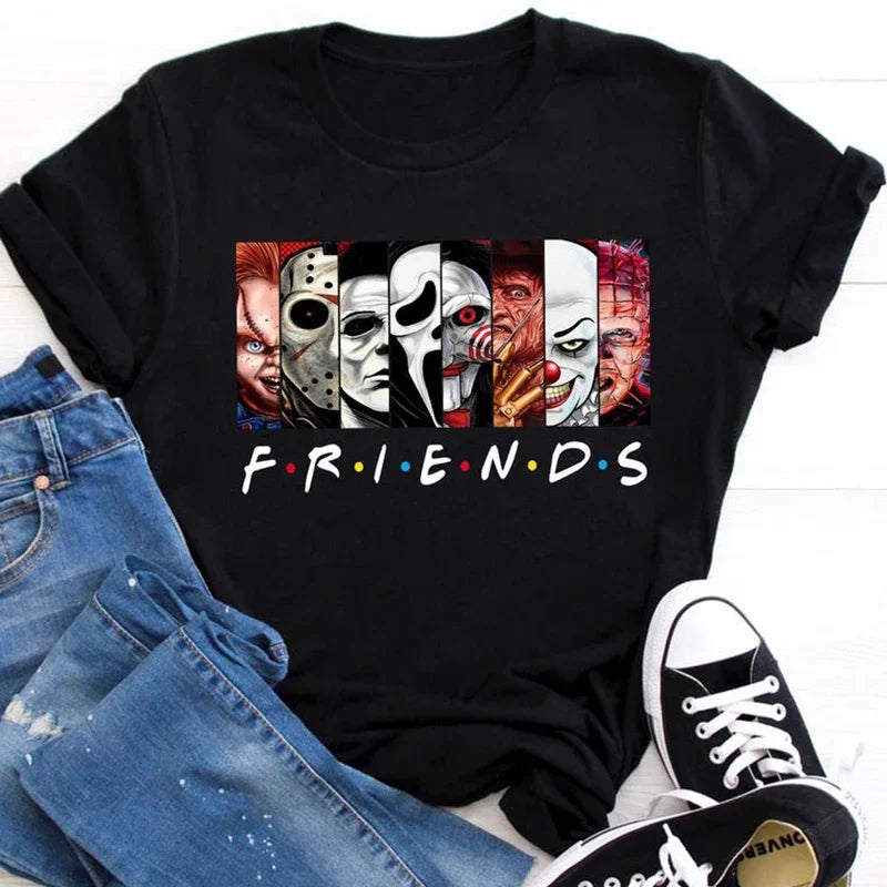 Friends T Shirt Best Stephen King Horror Characters Printed Cartoon Women Fashion Tops Oversized Tee Halloween Clothes Women - reetell