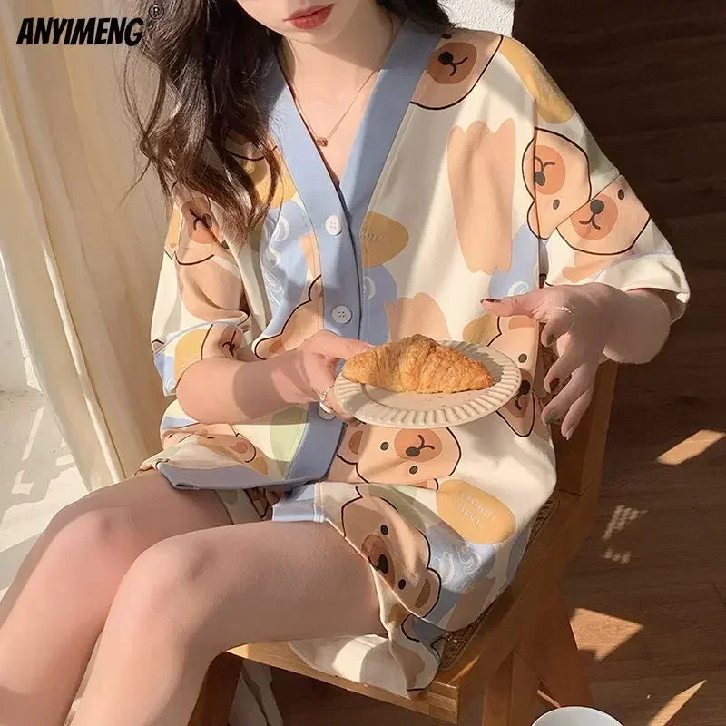 Korean Pajamas Set for Women Summer Loungewear Sleepwear Girls Sweet Lapel Pyjama Kawaii Bear Printed Pijamas Japanese Home Suit