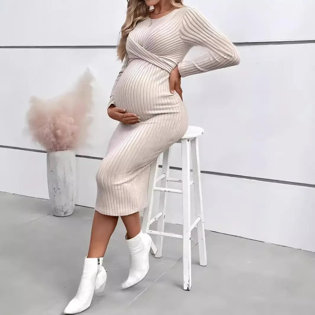 Autumn Winter American Casual Across Ties  A Line Slim Dress Maternity Elegant A Line Hot Clothes for Pregnant Women Pregnancy