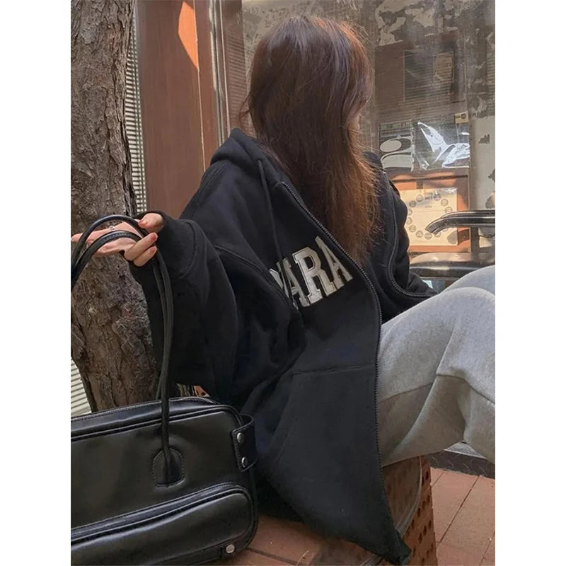 MEXZT Streetwear Zip Up Hoodies Women Oversized Letter Print Sweatshirt Harajuku Korean Plus Fleece Thick Casual All Match Tops - reetell