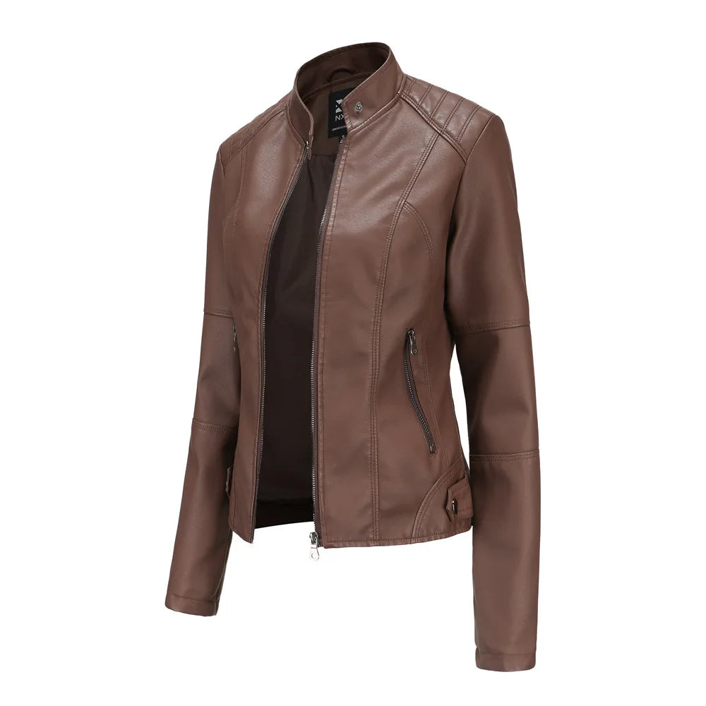 Women Leather Jacket 2024 Spring Autumn Black PU Leather Coat Stand-up Collar Motor Biker Jacket