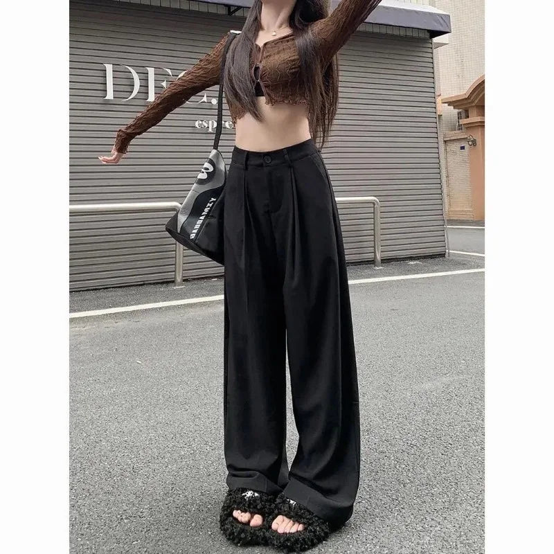 QWEEK Elegant Baggy Gray Suits Pants Woman Oversized Office Ladies Casual Korean Fashion Classical Trousers High Waist Summer - reetell