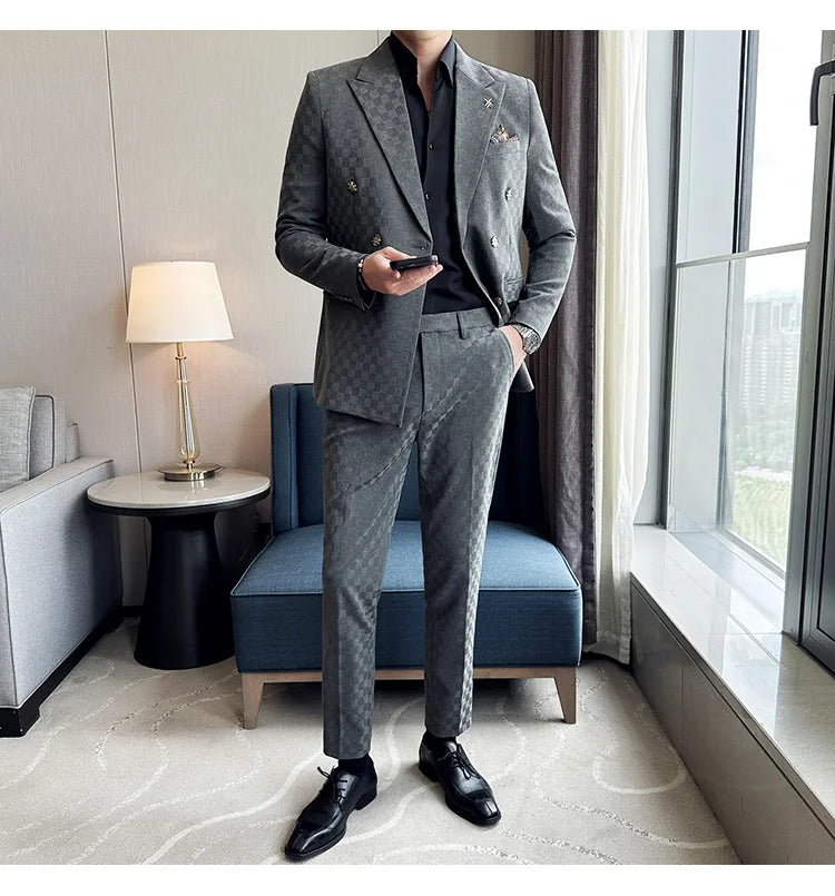 (Jacket+Pants) 2 Pieces Blue Apricot Business Party Men Suits Double Breasted Formal Style Custom Made Wedding Groom Tuxedos - reetell