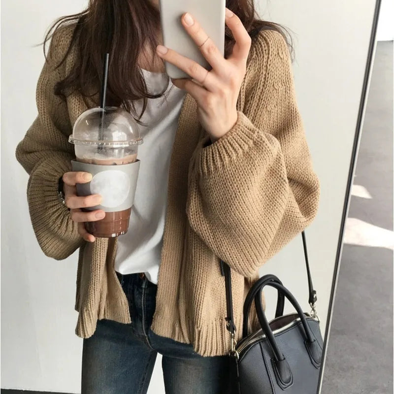 Autumn Winter Loose Women's Cardigan Jacket Solid Color Korean Version Fashion Casual Short Style Knitted Long-Sleeved Cardigan - reetell