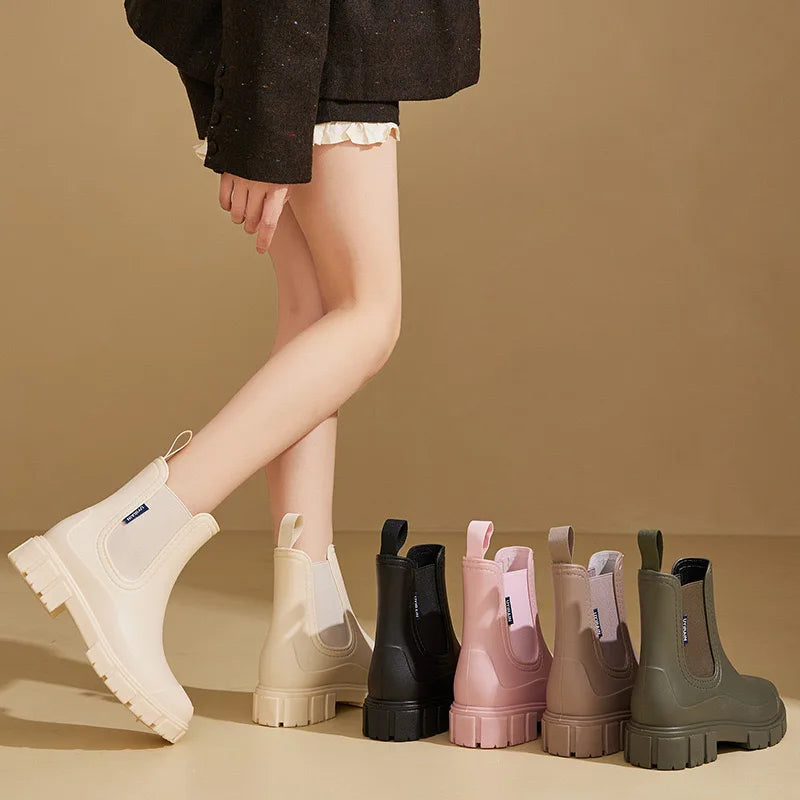 Women Waterproof Boots New Style Elastic Mouth Ankle Boots Mid Top Rain Shoes Non Slip Outdoor Indoor Chelsea Water Boot Woman