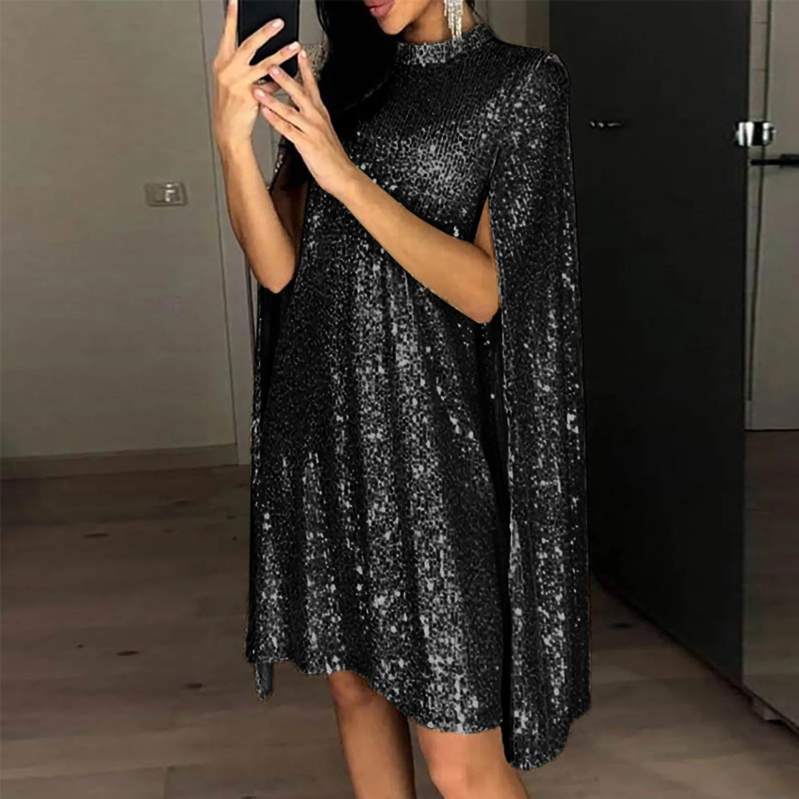 Fashion Sliver Sequins Cloak Sleeves High Neck Evening Party Dress for Women Sexy Elegant Temperament Cocktail Prom Dresses - reetell