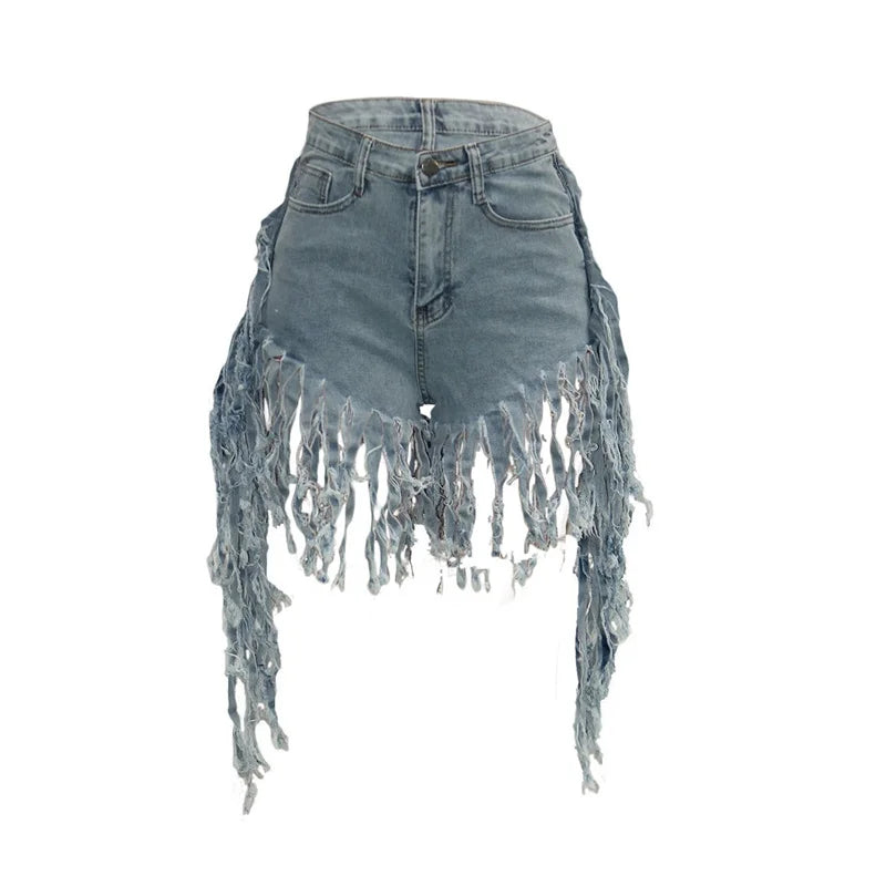 Fashion Tassel Splice Trouser Legs Denim Shorts Women High Waist Button Mini Jeans Female Casual Three Quarter Pants Streetwear - reetell