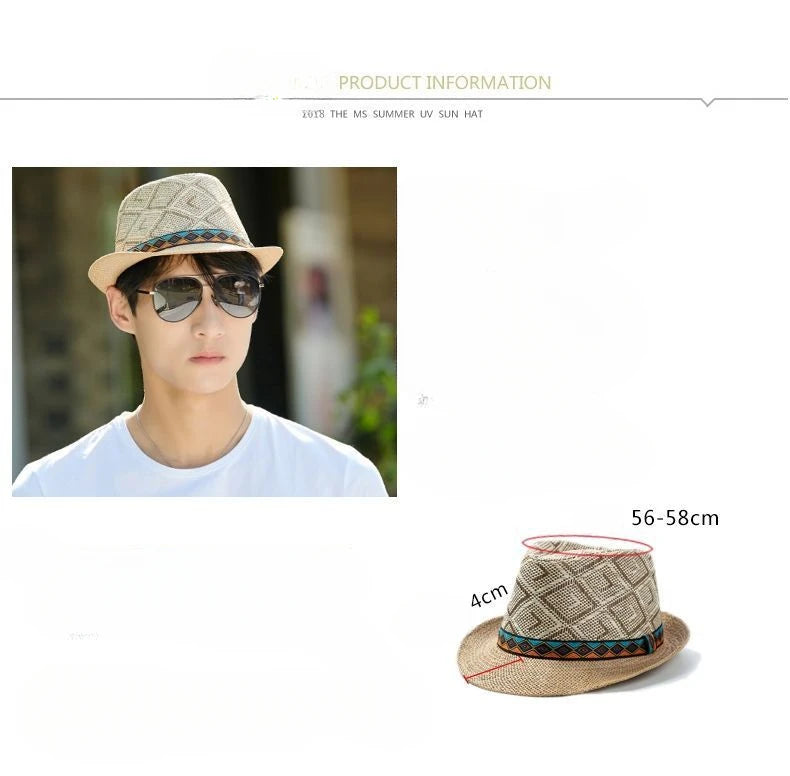 New Spring/Summer Men's Straw Knitted Hat Short Brim Trendy British Jazz  Sunscreen Beach Hat Versatile for Gentlemen