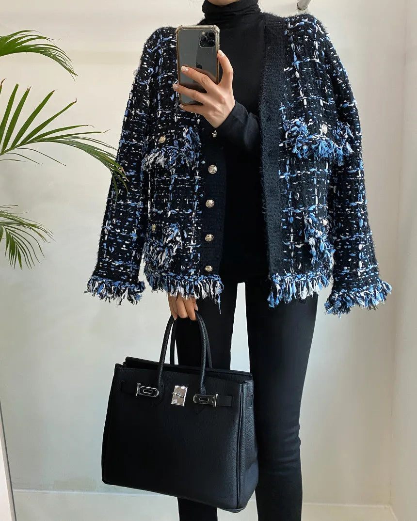 Korea Chic Autumn Winter V-Neck Tassel Wool Mixed Color Knitted Cardigan Coat Women's Loose Long Sleeve Sweater Knitwear 2023 - reetell