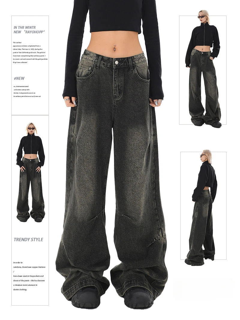 Deeptown Y2k Vintage Black Jeans Women Streetwear Baggy Denim Pants Wide Leg Harajuku Korean Trousers Goth Spring 2024 American - reetell