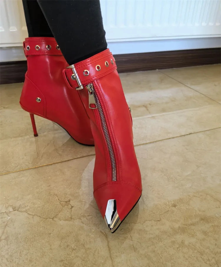 Belt Buckle Front Zipper Fashion Show Short Boots Women's Autumn Winter New Pointed Metal Decoration Red High Heels Ankle Boots