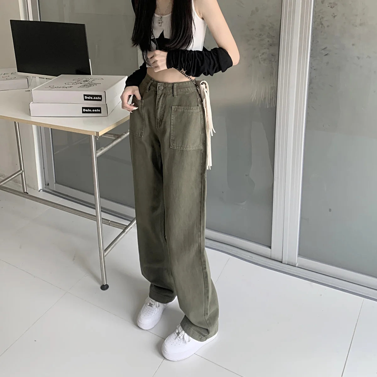 Military Green Jeans for Women High Waist Wide Legs Straight Leg Loose and Hanging Feeling Floor Length Pants High Street Trend - reetell