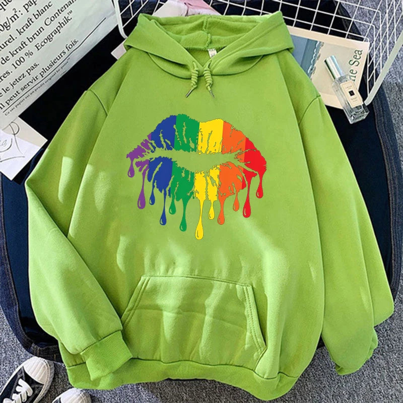 Women'S Winter Autumn Fashion Hooded Casual Long Sleeve Lgbt Pride Rainbow Lips Hoodies Sweatshirts Loose Pullover - reetell