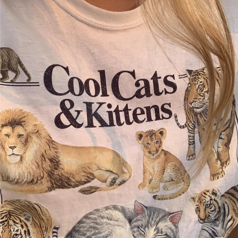 Cool Cats And Kittens Vintage T-Shirt Unisex Grunge Aesthetic Feline T Shirt Hippie Cute Funny Tshirts Cat Lover Shirt Women Top - reetell