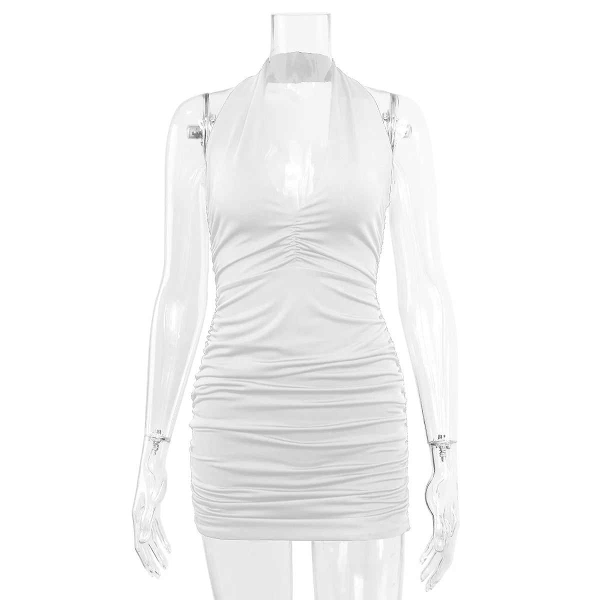 Sexy Deep V Evening Party Sleeveless Backlss Dress 2024 Summer Short White Halter  Dresses Women Tight Club Mini Dress Clubwear - reetell