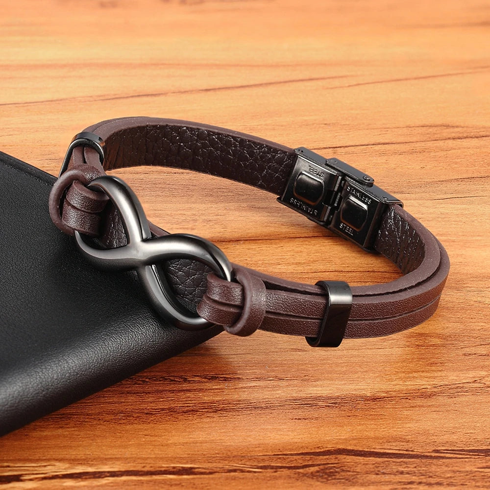 TYO Luxury Genuine Leather Infinity Symbol Mens Bracelet Stainless Steel Buckle Couple Bangles Jewelry Dropshipping Wholesale