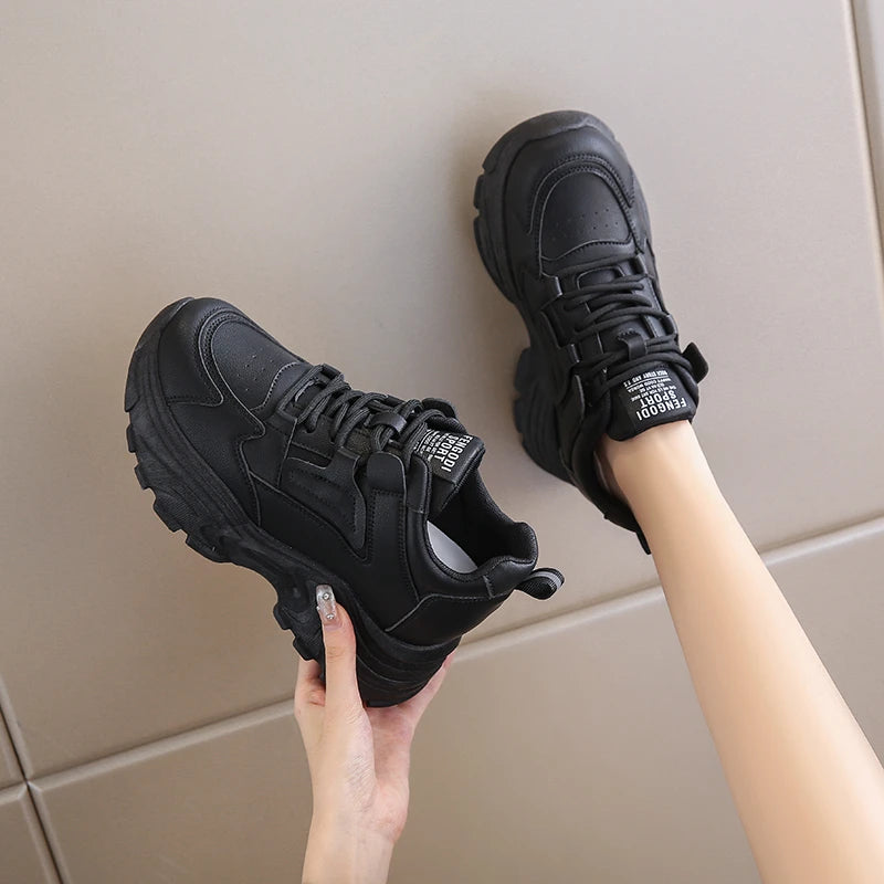 Winter Platform Sneakers for Women 2024 Spring Pu Leather Non-Slip Sports Shoes Ladies Lace-Up Thick Bottom Vulcanized Shoes