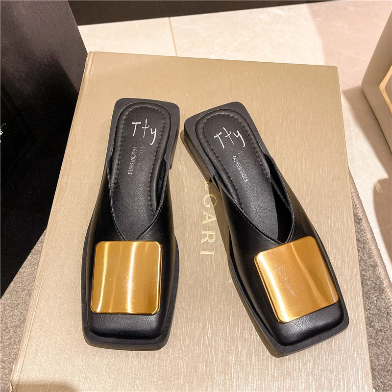 Brand Designer Women Slippers Fashion Metal Buckle Mules Flat Heels Square Toe Shallow Shoes Outdoor Slide Female Casual Sandal