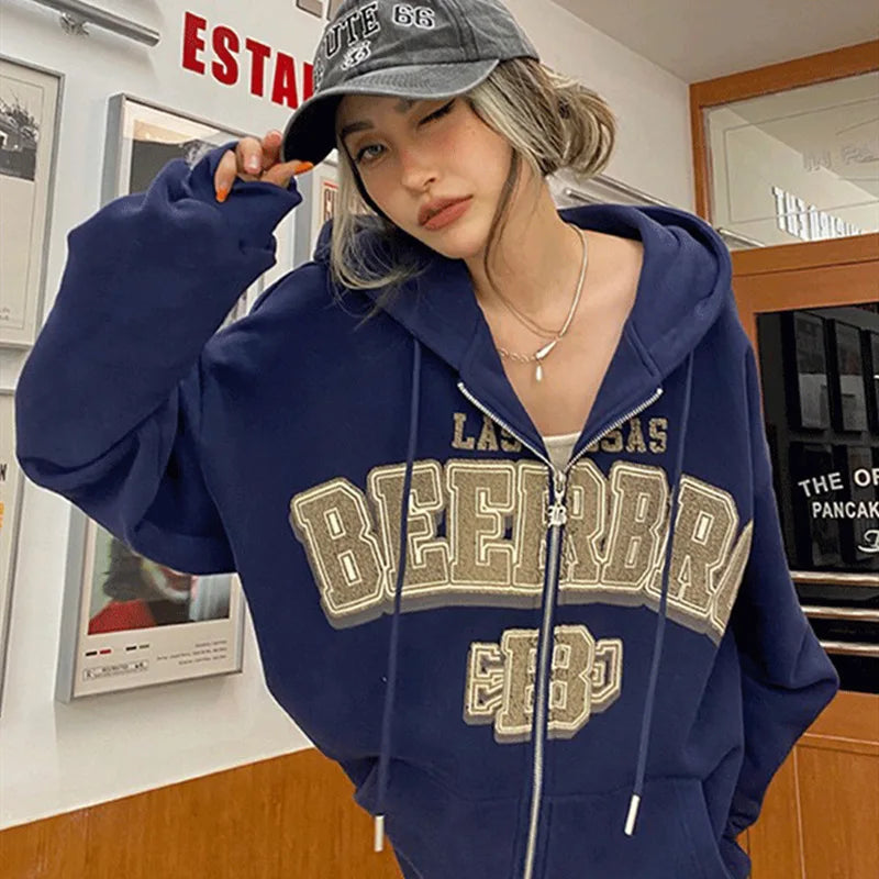 Hiphop Letter Embroidery Sweatshirt Women Autumn Harajuku Zip Up Casual Loose Hoodie Retro Long Sleeve Hooded Jacket Y2K Clothes - reetell